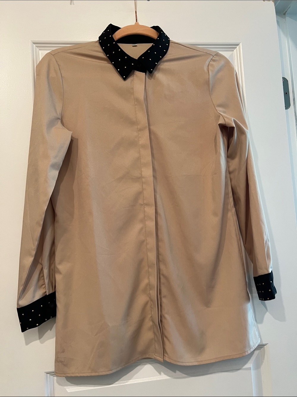 Beginning Boutique Tan Blouse with Gold Metallic Dot Collar & Cuffs